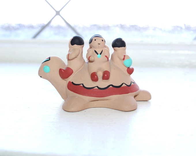 Storyteller Pottery Cleo Teissedre Navajo 4 Children on a Turtle Figurine