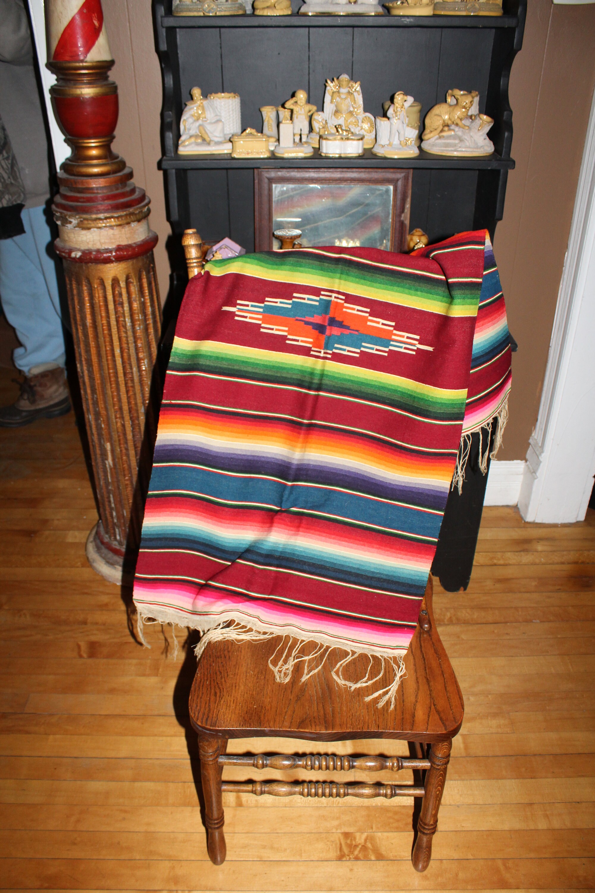 Vintage Mexican or Southwestern Blanket Serape Throw Rug Red Stripes