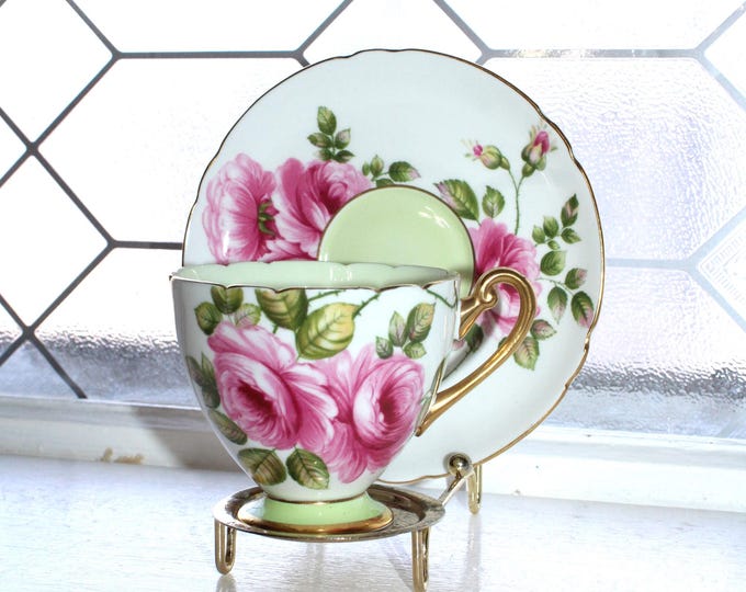 Shelley Teacup and Saucer Rambler Rose Pattern Vintage 1940s Bone China