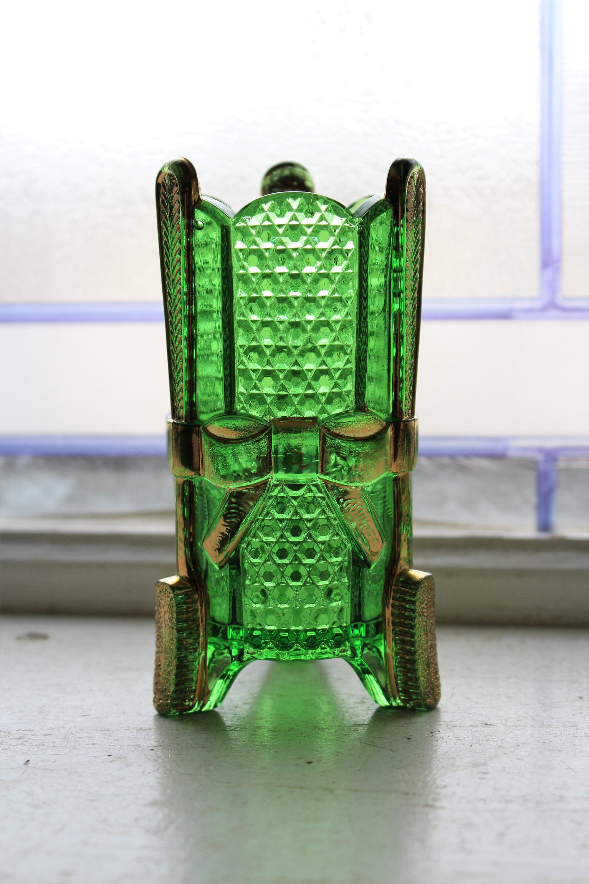 Antique Emerald Green Glass Toothbrush Holder w Gold Trim EAPG US Glass