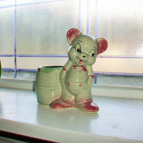 Teddy Bear Planter Vintage 50s Ceramic Gray and Pink