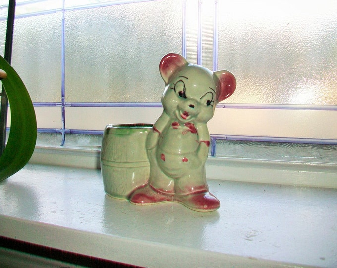 Teddy Bear Planter Vintage 50s Ceramic Gray and Pink