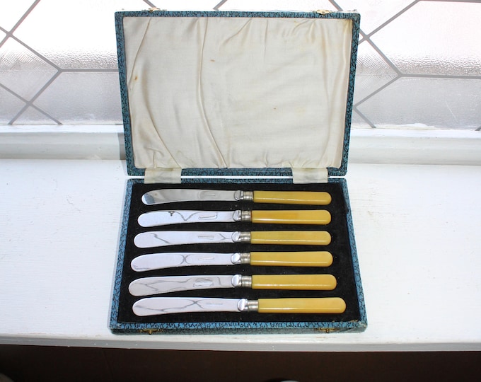 6 Vintage Art Deco Butter Knives Butterscotch Bakelite & Chrome Plated with Box