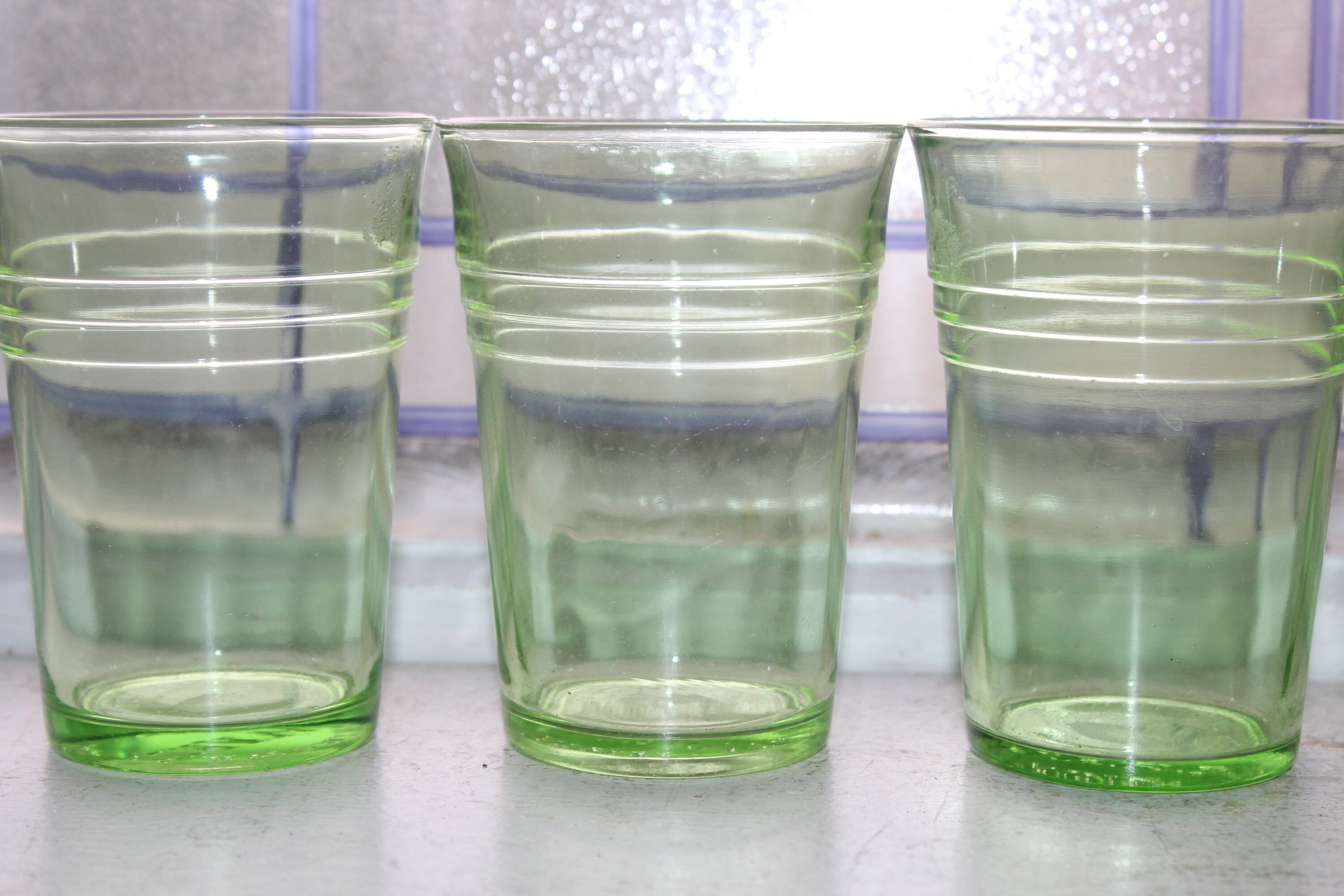 4 Green Depression Glass Tumblers Advertising Wards Winona MN