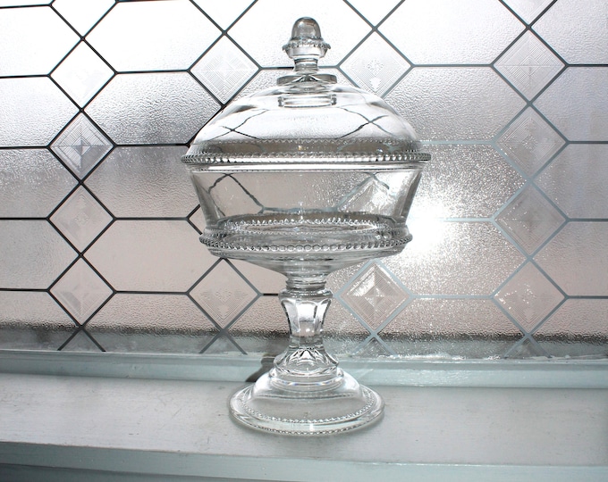 Antique EAPG Glass Compote with Lid and Beaded Trim 19th Century