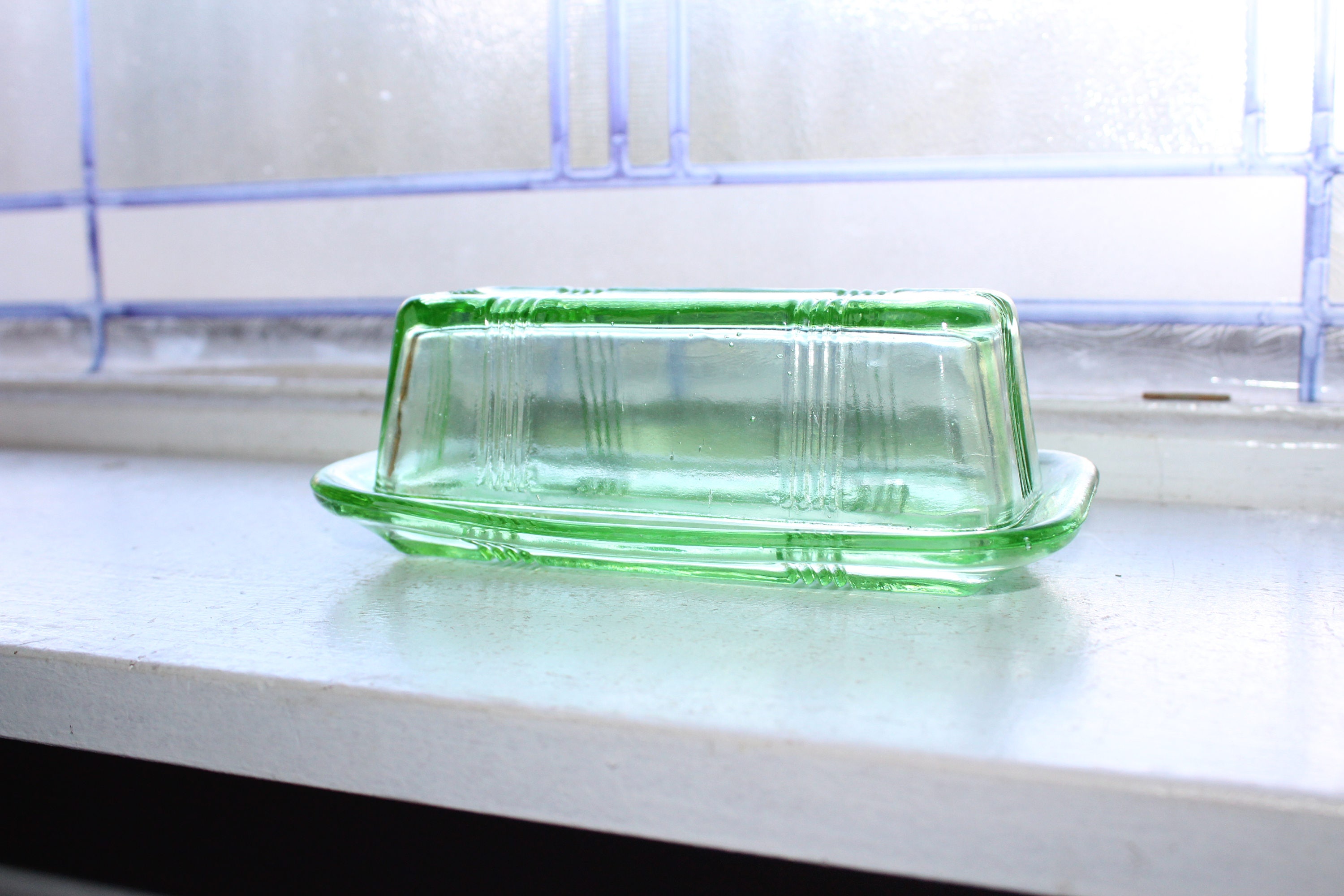 Green Depression Glass Butter Dish Criss Cross Design Vintage Kitchen Decor