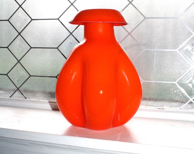 Vintage Mid Century Tangerine Orange Cased Glass Mushroom Vase Lobed