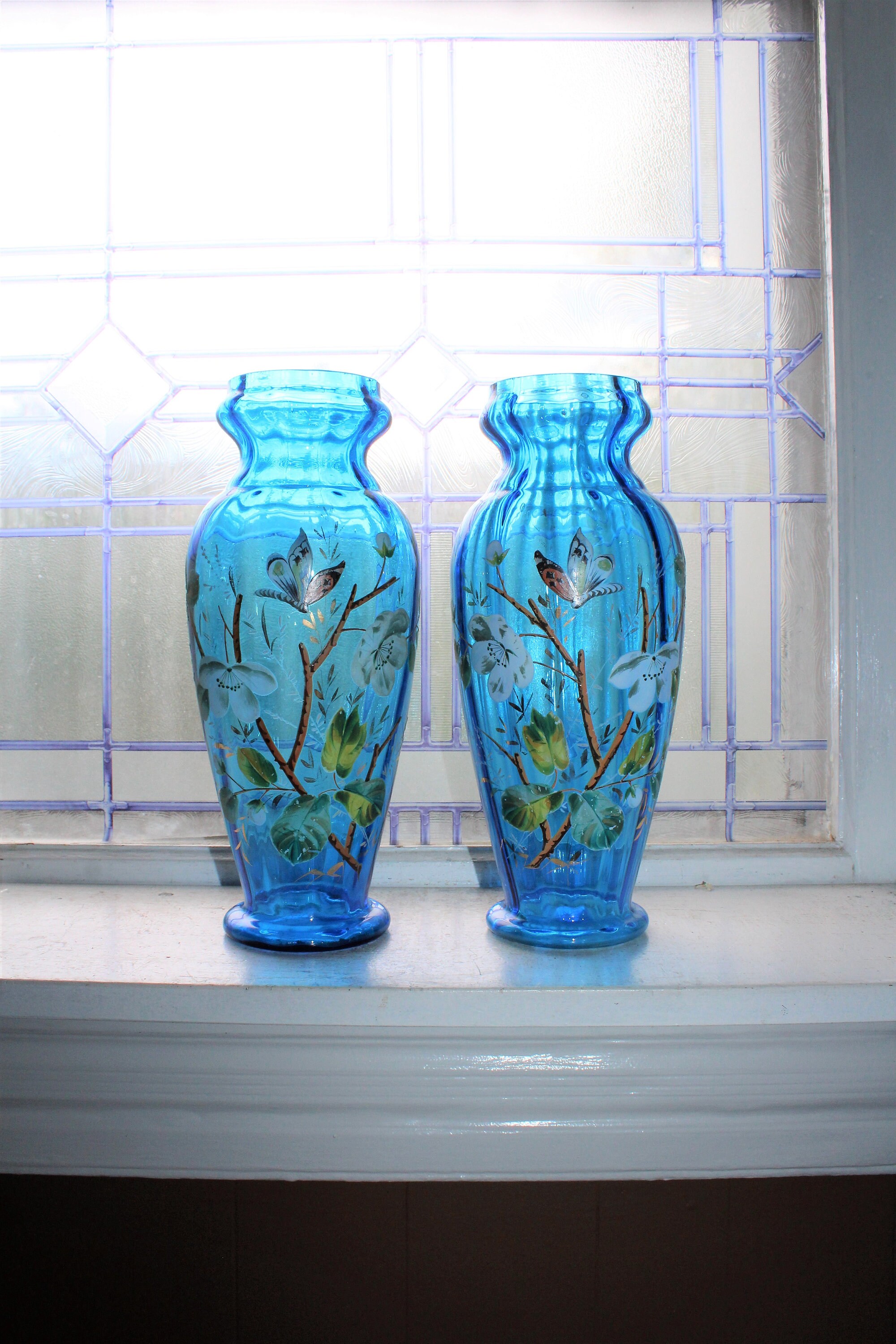 Large Blue Glass Victorian Vases Pair Hand Painted Butterflies Flowers
