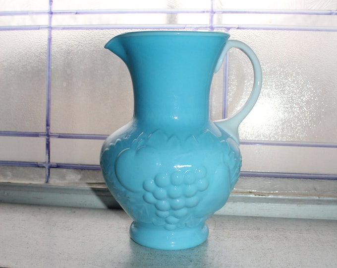 Vintage Blue Glass Pitcher Grapes Decoration and Applied White Handle