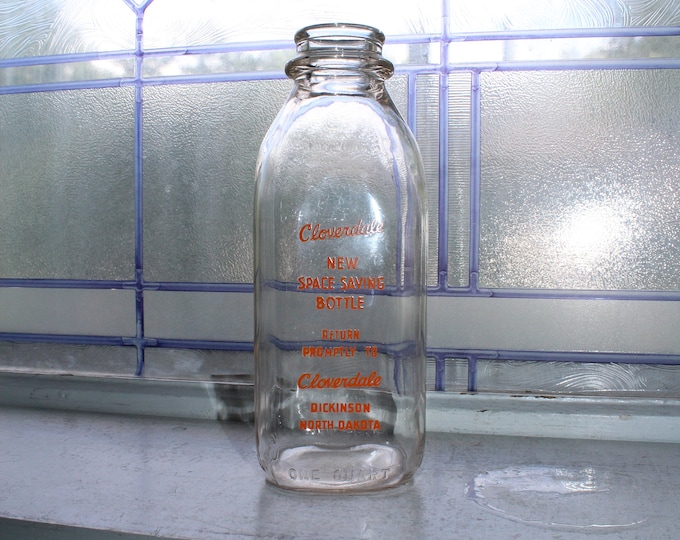 Vintage Square Quart Milk Bottle Cloverdale Dairy Dickinson ND