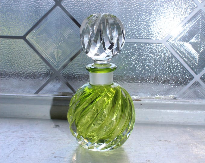 Vintage Czech Glass Perfume Bottle Green Spiral