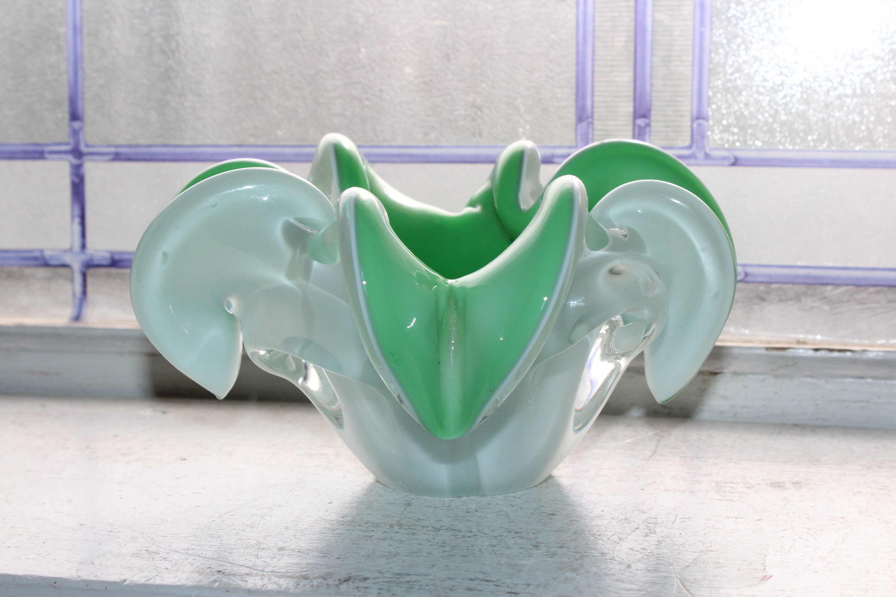 Vintage Murano Glass Bowl Green and White