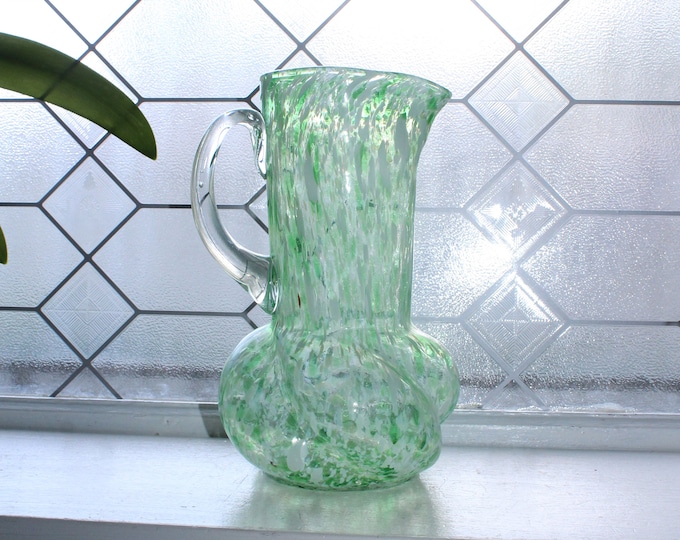 Antique Green Spatter Glass Water Pitcher Twisted Base