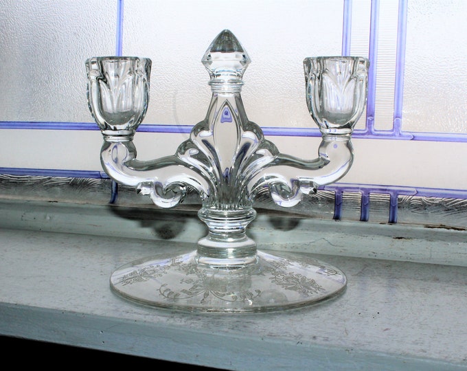 Vintage Heisey Orchid Etched Glass Two Light Candle Holder