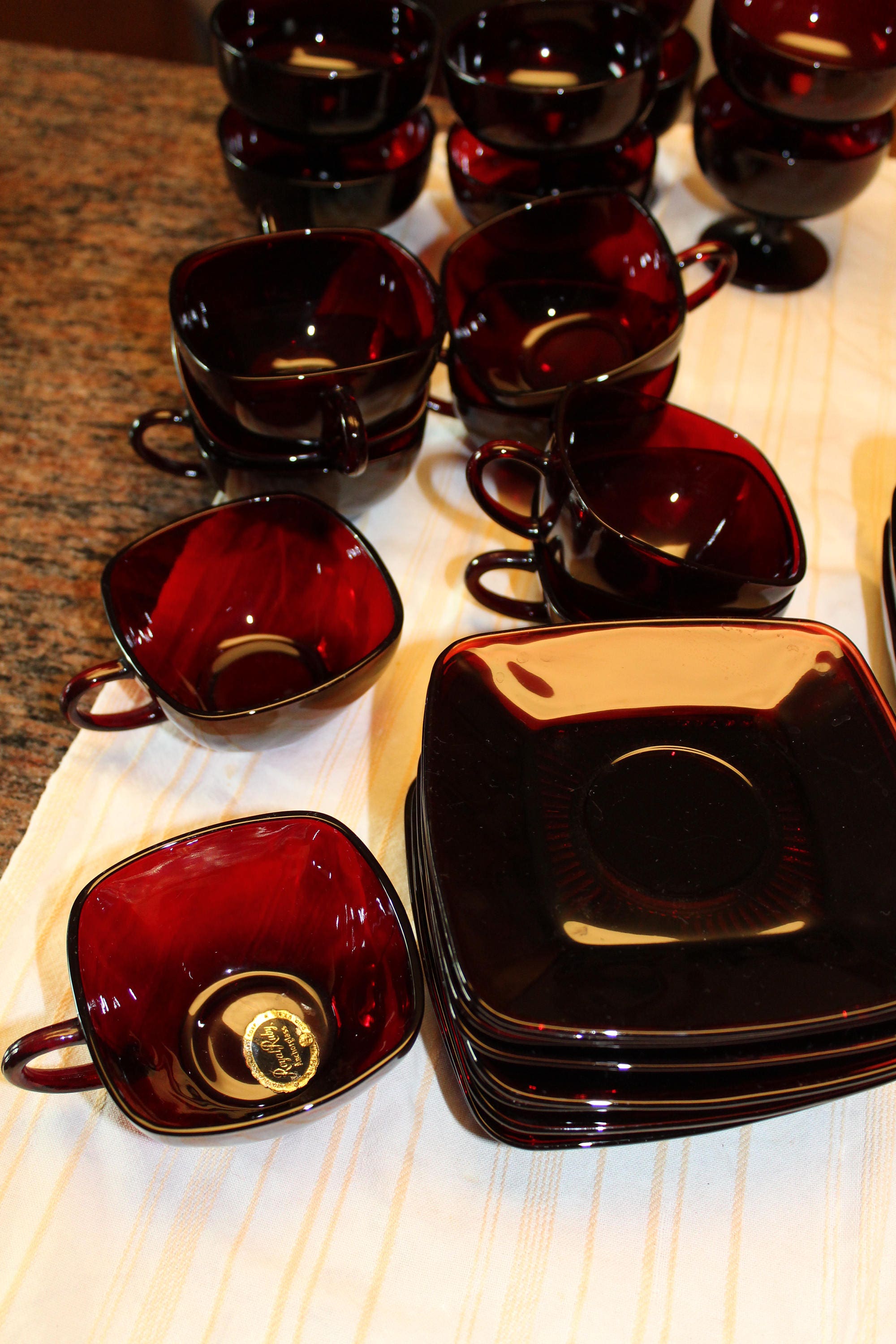 9 Royal Ruby Red Square Cup and Saucer Sets Vintage 1940s