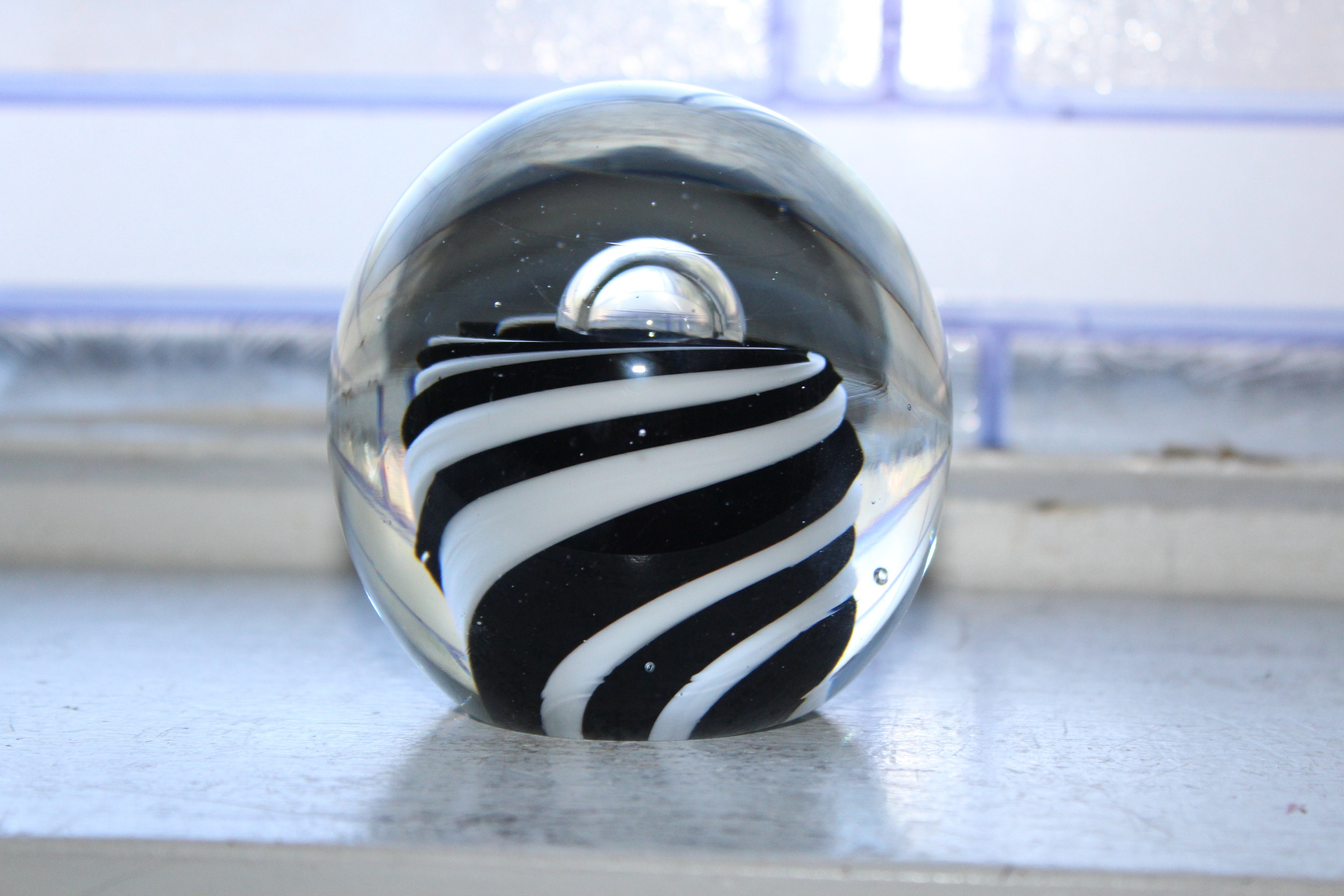 Vintage Art Glass Paperweight Black and White Spiral