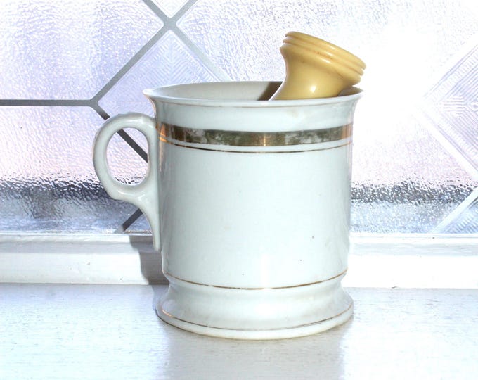 Antique Gold Striped Stoneware Shaving Mug with Ever Ready Brush