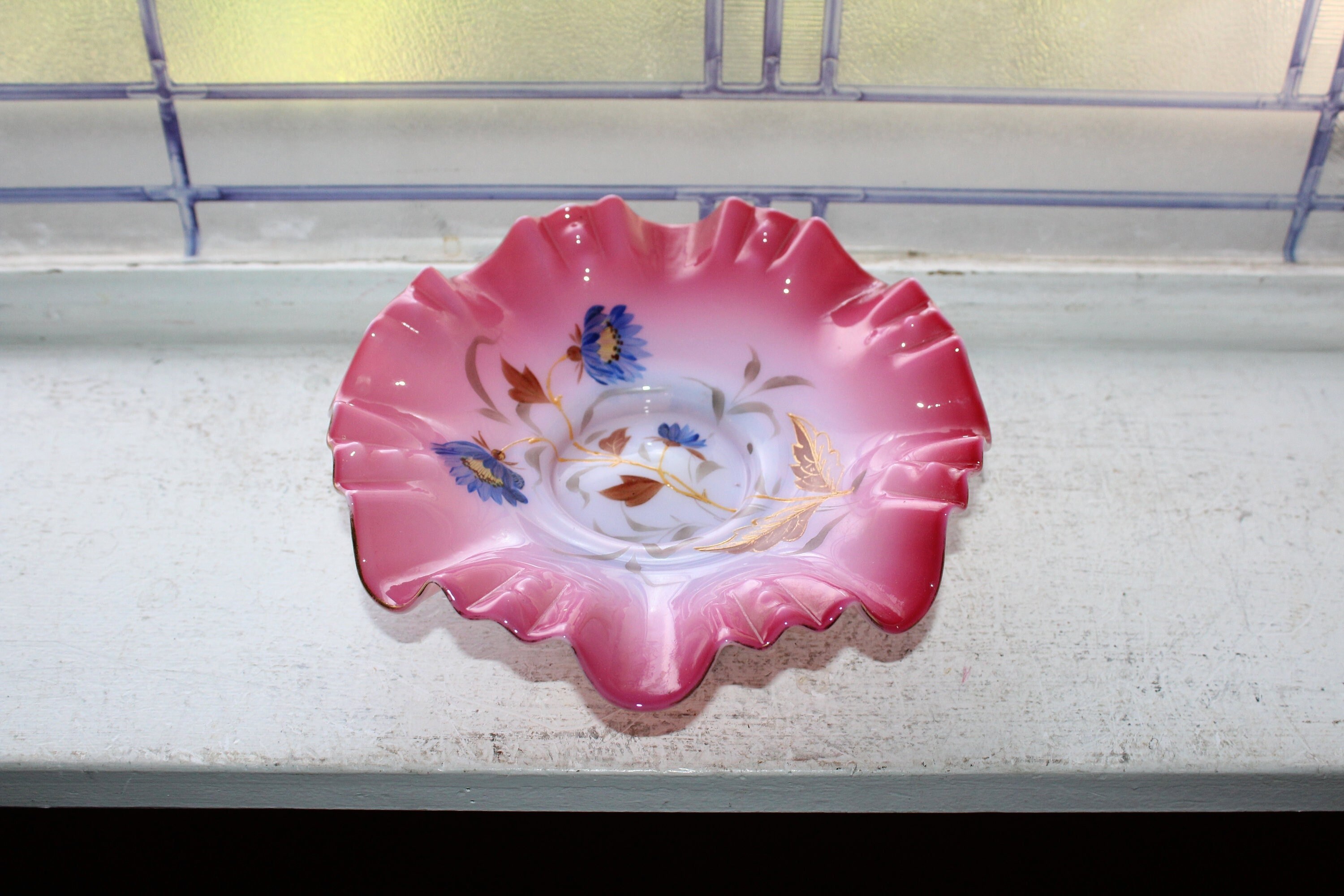 Victorian Pink Glass Dish with Brass Base & Enameled Flowers
