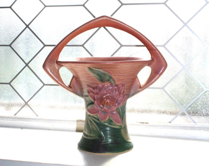 Roseville Pottery Basket Water Lily Vintage 1940s 380-8"