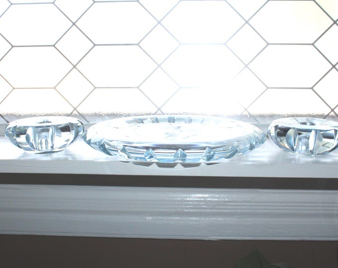Vintage Orrefors Crystal Console Set Ice Blue Bowl & Candles