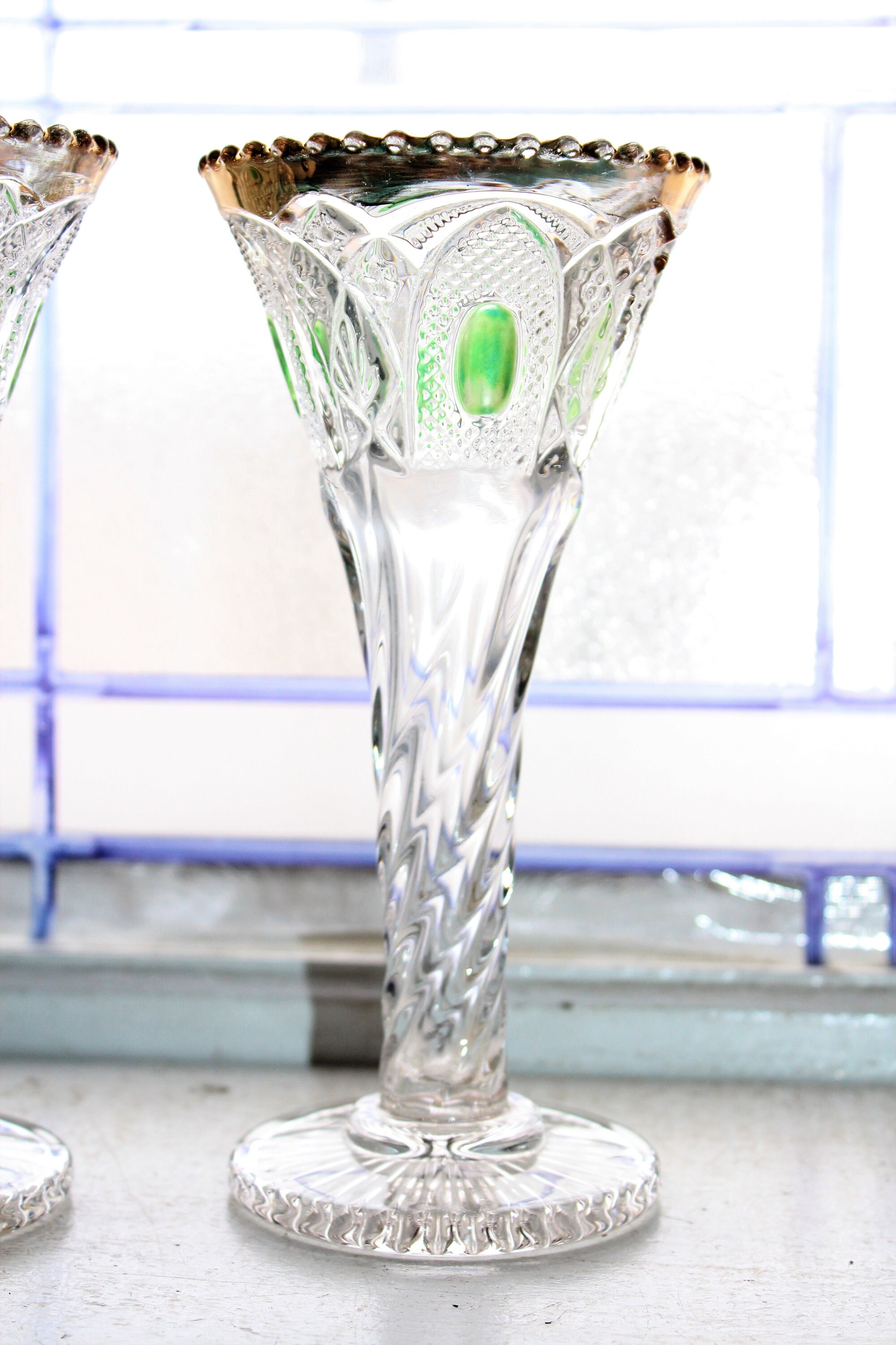 Antique EAPG Glass Trumpet Vases Pair New Hampshire by US Glass 1903