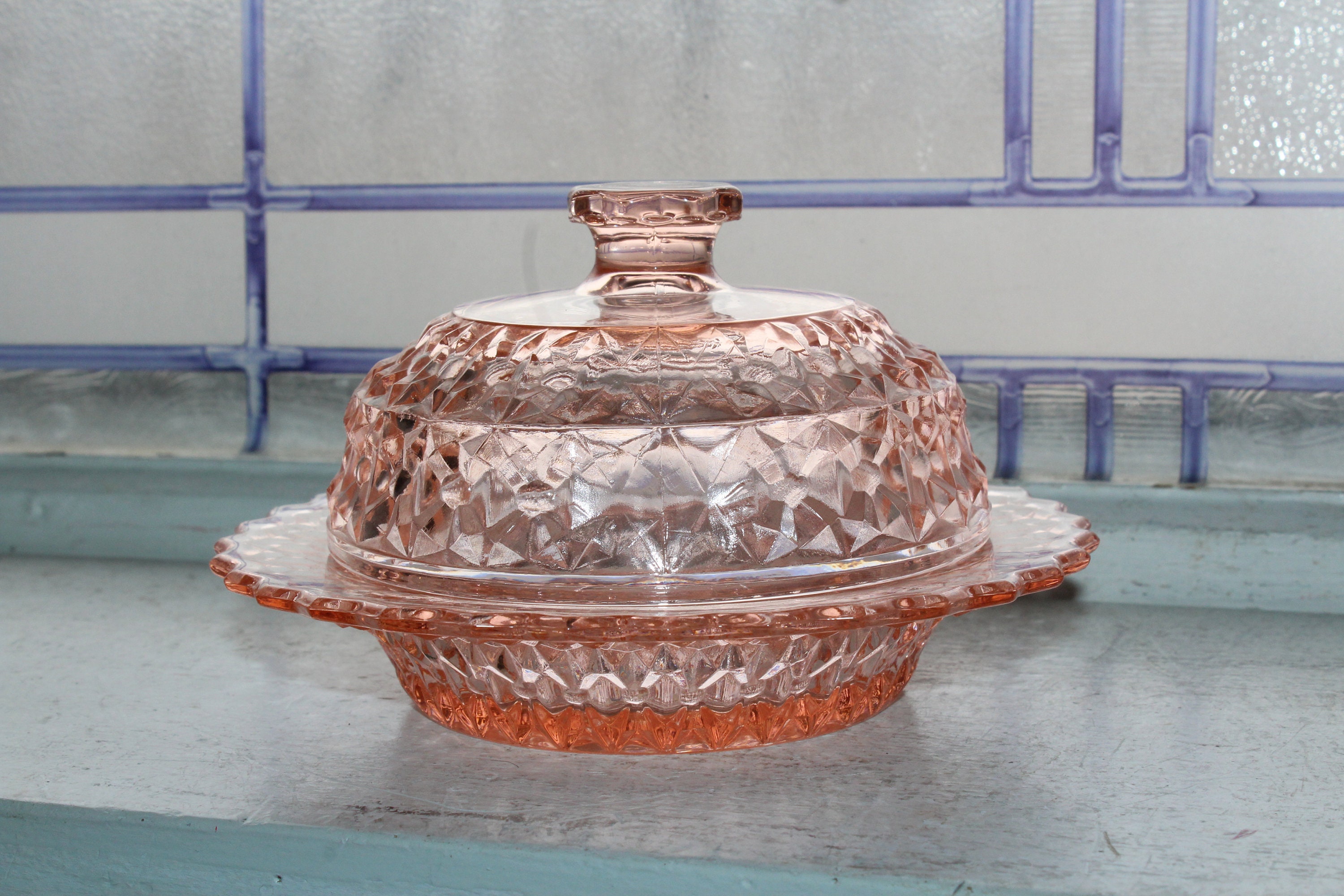 Vintage Pink Depression Glass Round Butter Dish Holiday Buttons & Bows