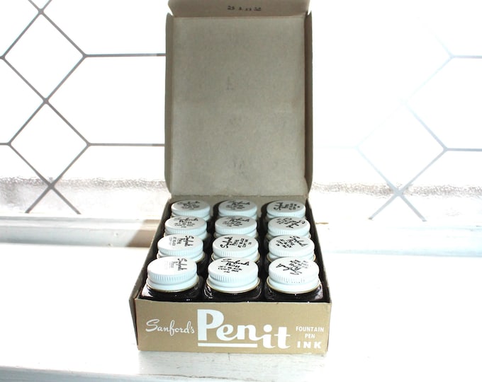 Vintage Case of 12 Sanford's Penit Jet Black Copy Fountain Pen Ink Bottles