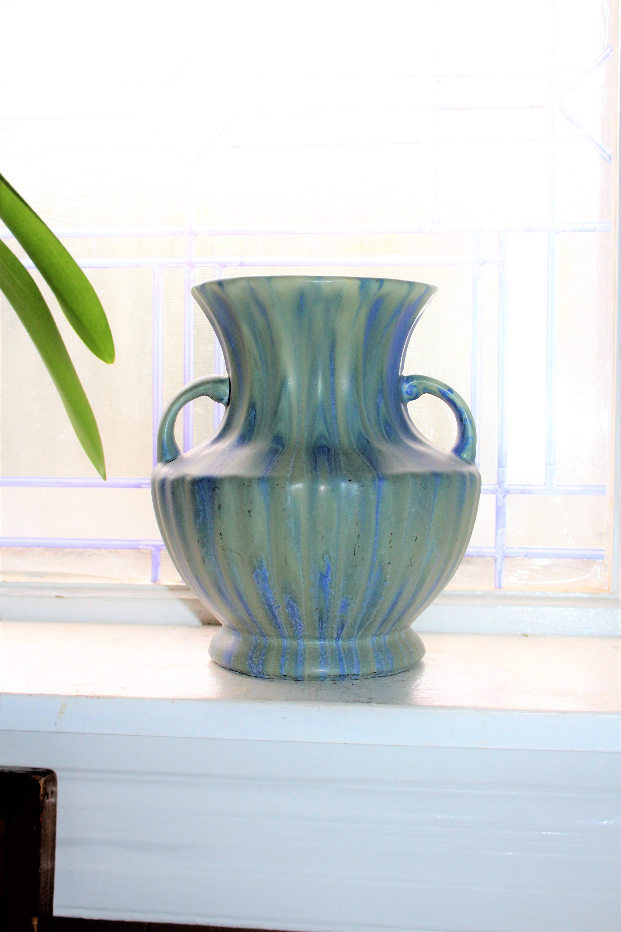Vintage Art Pottery Ribbed Vase with Handles Blue and Green Drip Glaze