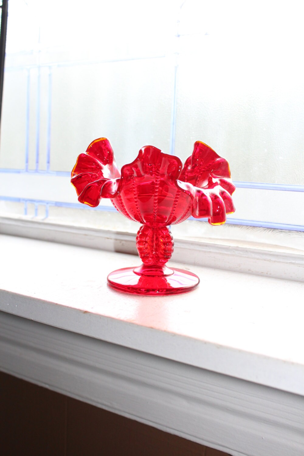Vintage Red Glass Stemmed Candle Holder Ruffled Rim