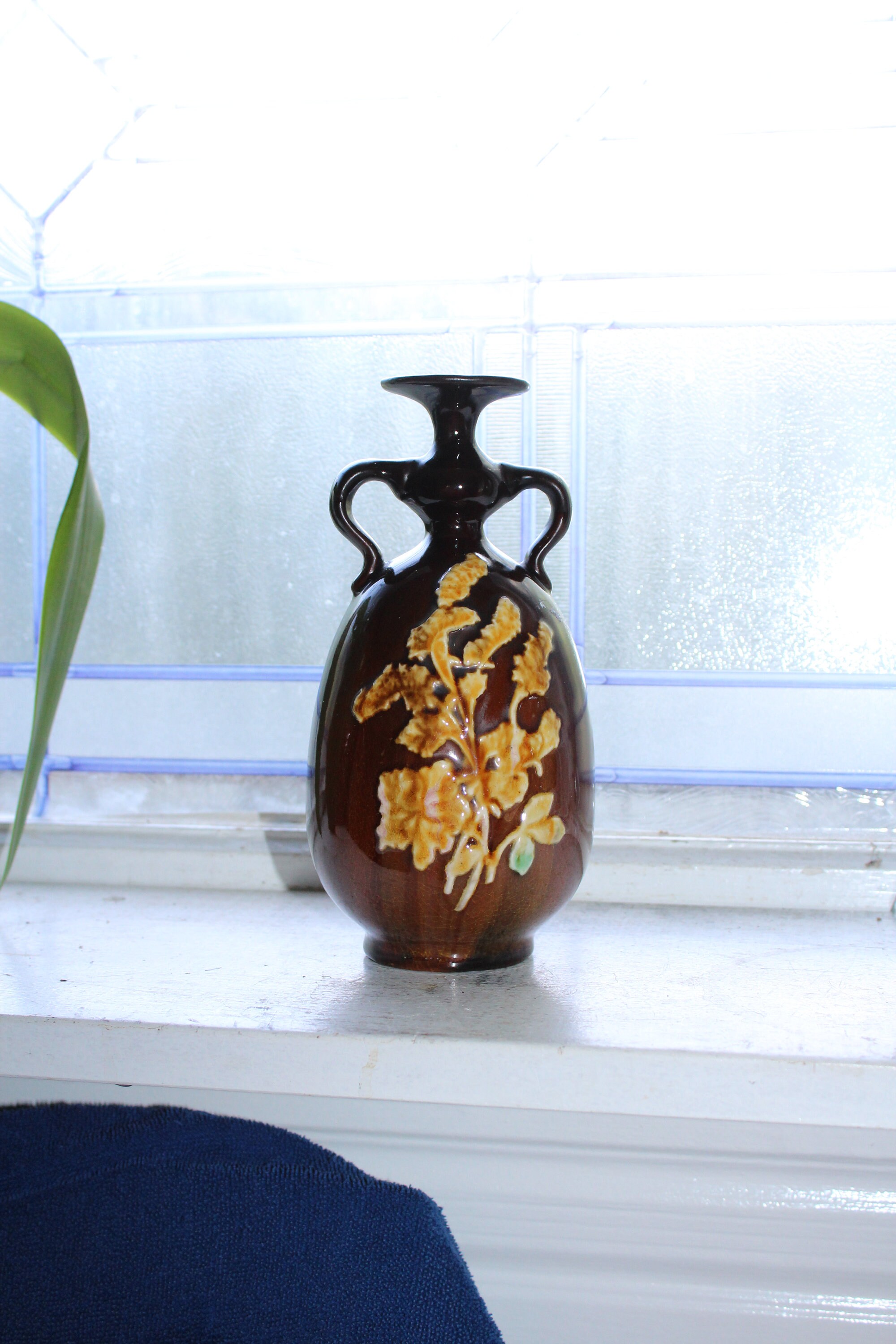 Peters and Reed Pottery Handled Vase Sprigware on Brown Antique 1910s