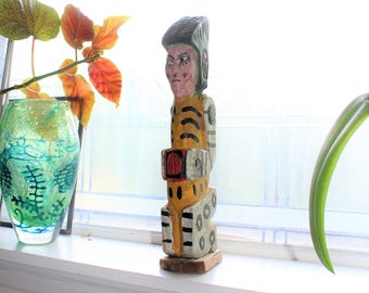 Vintage Wood Statue Aztec Warrior 1950s Souvenir Figurine 16"
