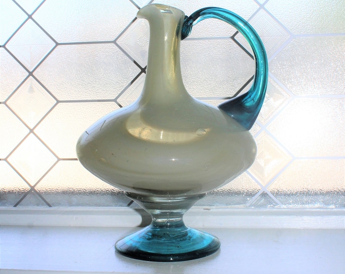 Italian Empoli Tan and Blue Glass Large Ewer Pitcher Vintage 1950s