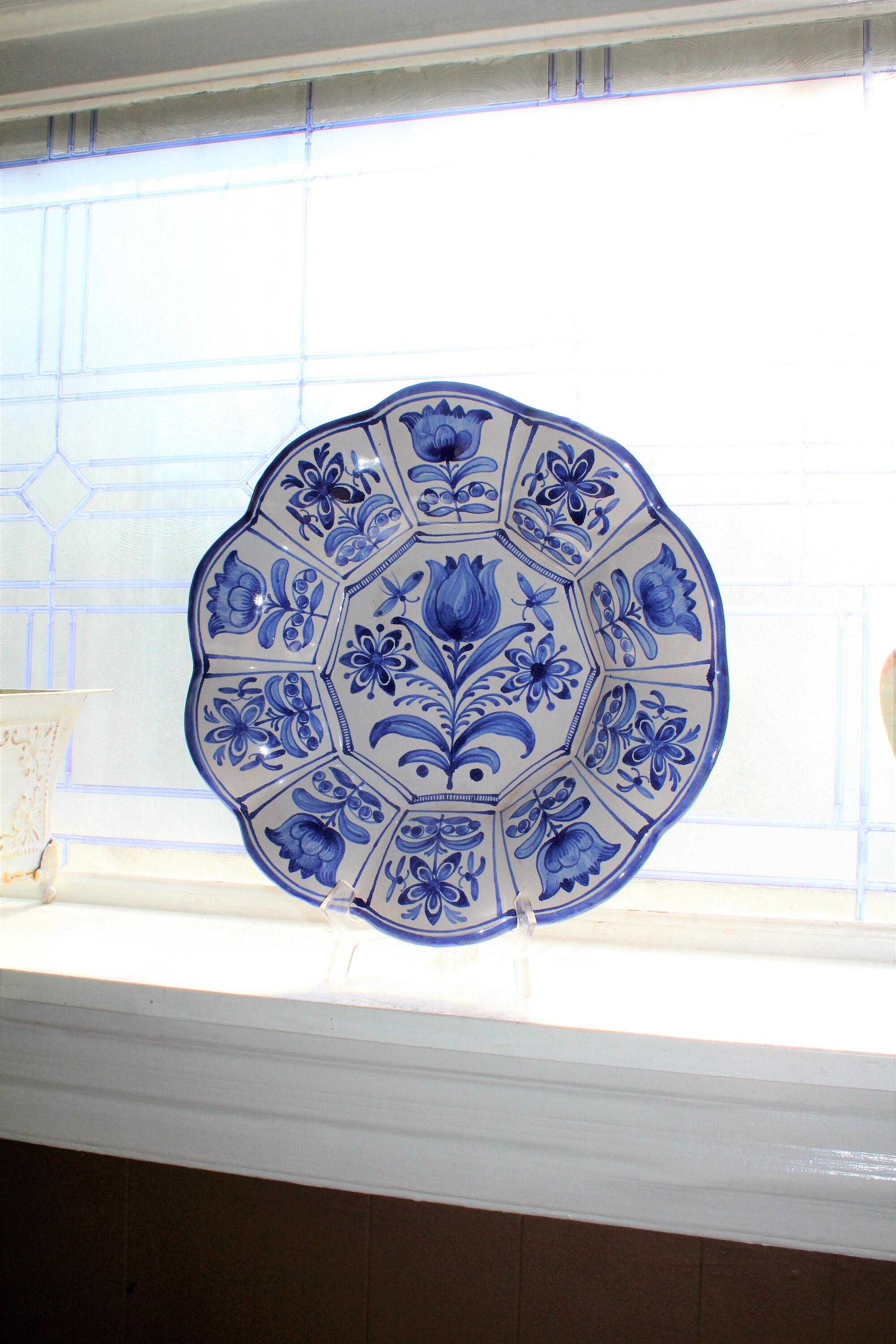 Large Blue and White Pottery Tulip Bowl Delft Style