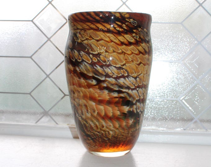 Large Roger Kohler Studio Art Glass Vase Brown Dragon Scale Design