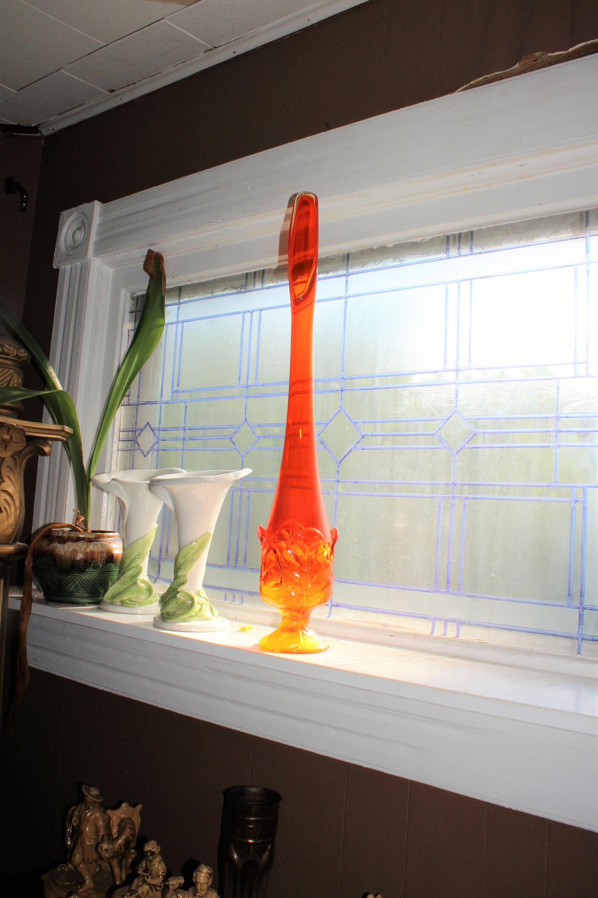 RESERVED FOR RON Large Amberina Swung Glass Cabbage Leaf Vase & Tiffin