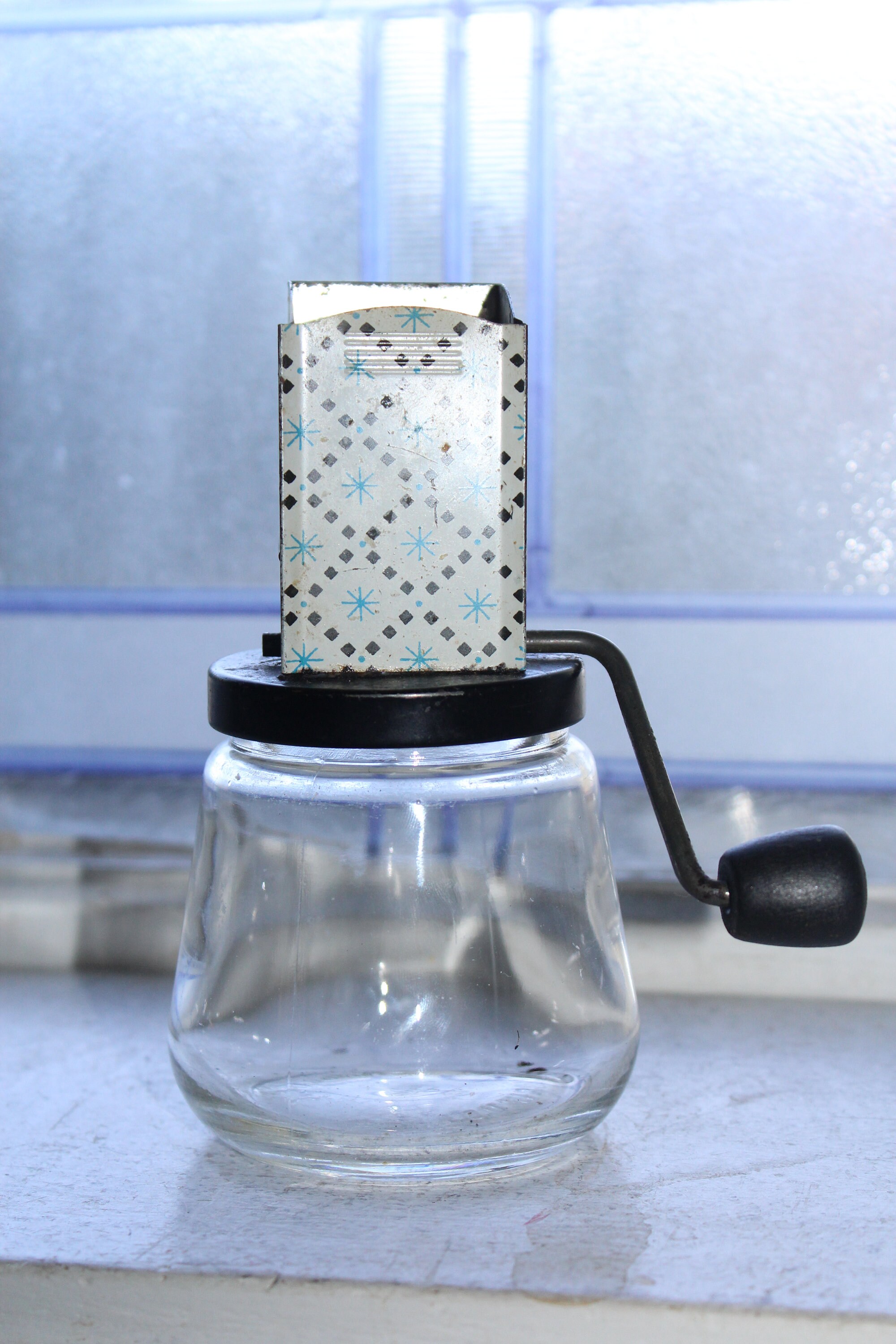 Vintage 1940s Nut Meat Chopper Glass Jar with Metal Lid