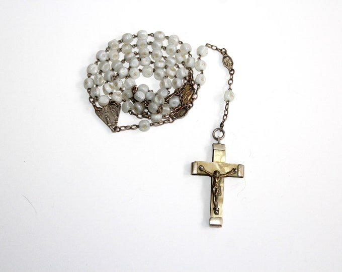 Antique Catholic Rosary Beads From Lourdes Mother of Pearl Cross & Beads