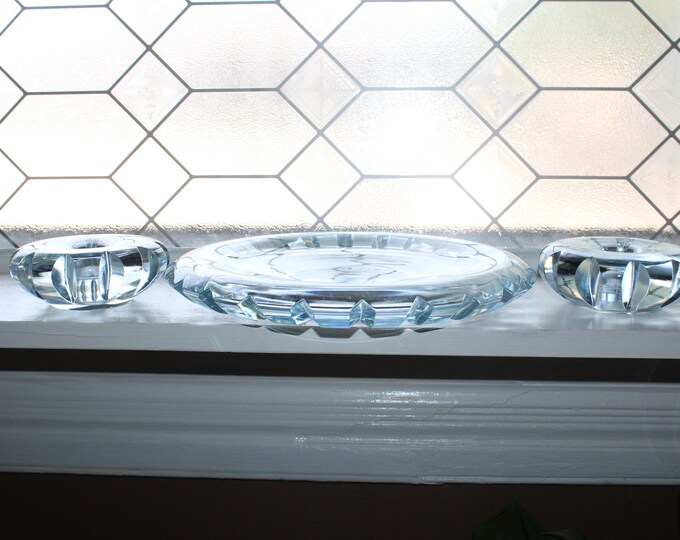 Vintage Orrefors Crystal Console Set Ice Blue Bowl & Candles