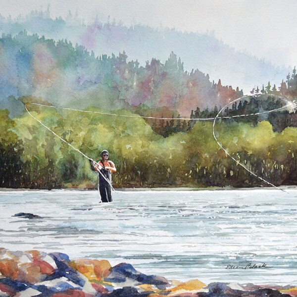 ORIGINAL - Aquarell Rolle Cast - Angeln, Fliegenfischen, Fischen, Fluss, Sport, Forelle, Fliegenrute