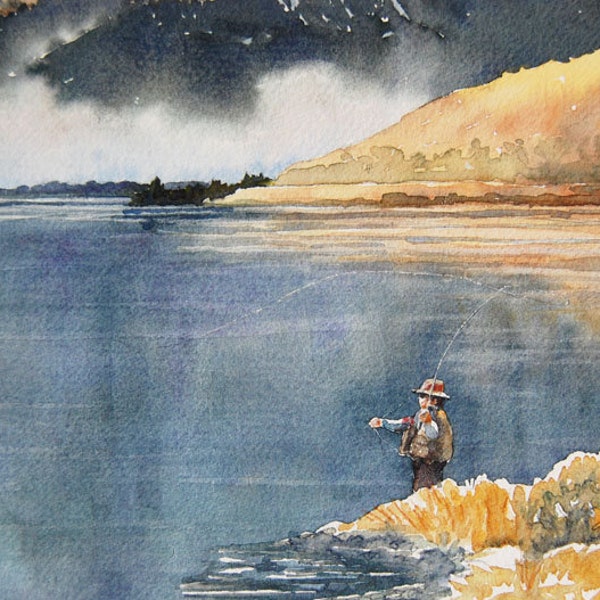 watercolor ORIGINAL Rod and Reel Time fishing fisherman, Montana lake watercolour