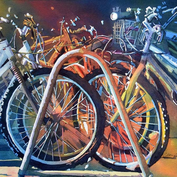 Watercolor ORIGINAL Bicycle Rack, bicycles, sunlight morning rack bike