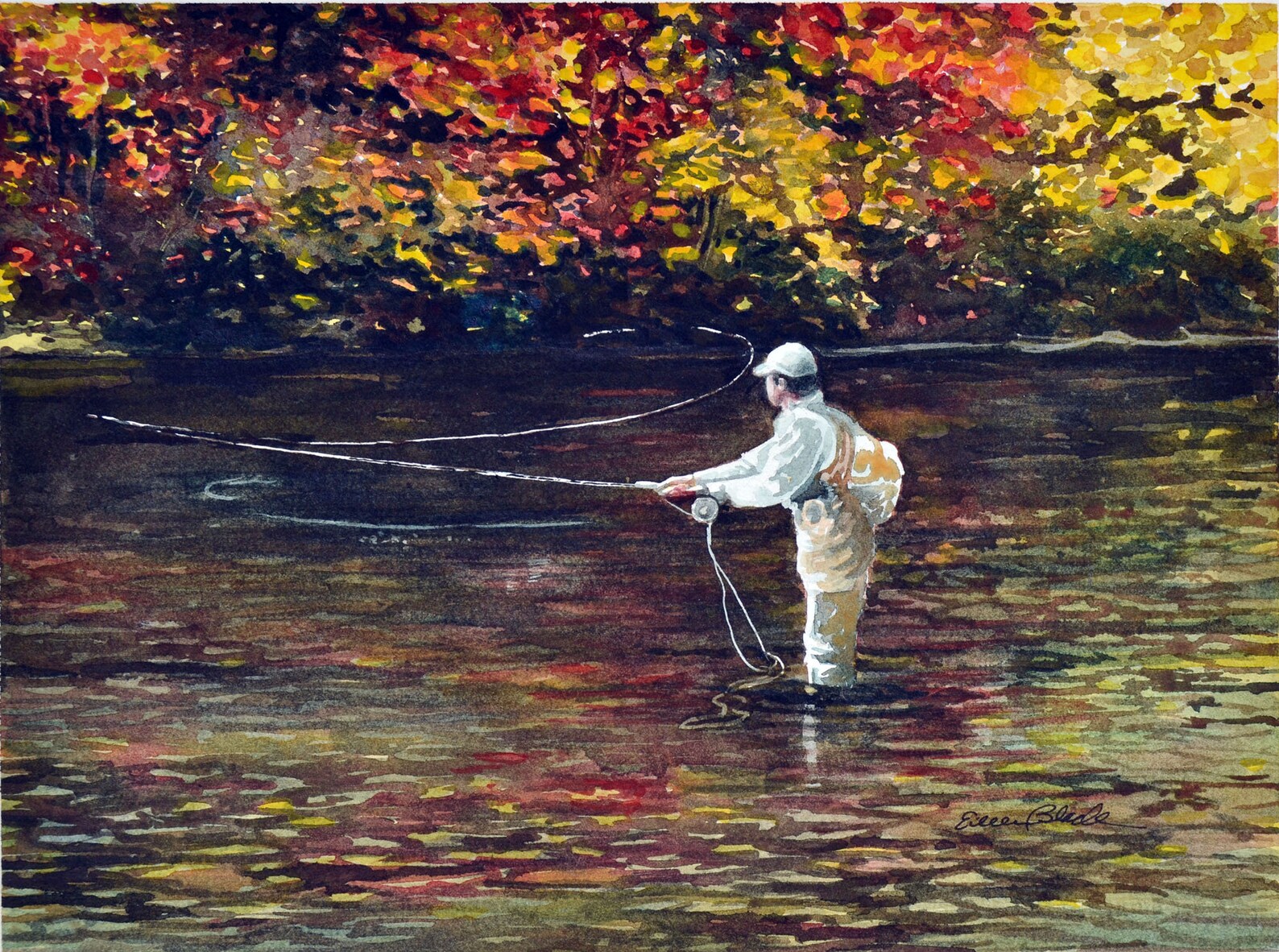 Watercolor ORIGINAL Shadow Casting fishing autumn fly Etsy