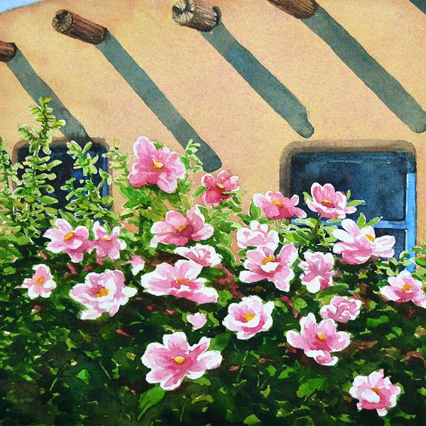 watercolor ORIGINAL Morning Shadows pink flowers southwest watercolour