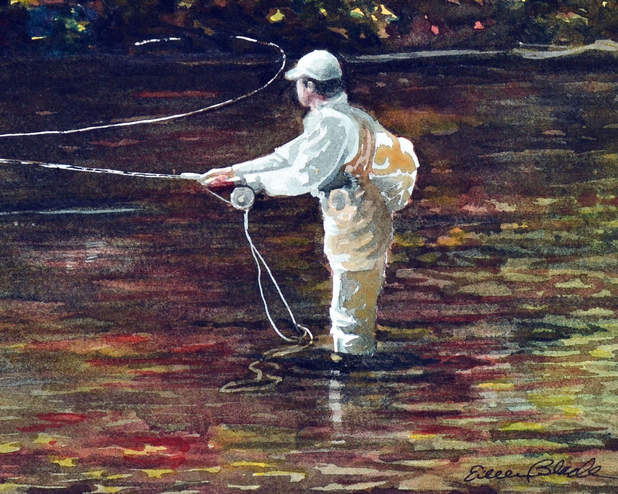Watercolor ORIGINAL Shadow Casting fishing autumn fly Etsy