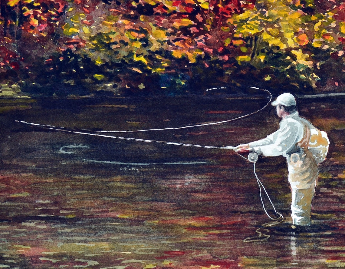 Watercolor ORIGINAL Shadow Casting fishing autumn fly Etsy