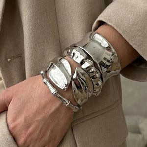 Silver Cuff Bracelet Set, Chunky Sculptural Bangles, Statement Jewelry, Available Individually