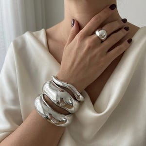 Chunky Silver Bangle Set, Dome Ring & Sculptural Cuff, Bold Statement Jewelry Gift for Her, Silver Bracelet Stack