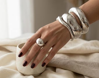 Chunky Silver Bangle Set · Dome Ring + Sculptural Cuff Bracelets · Statement Jewelry Gift for Her · Bold Silver Bracelet Set