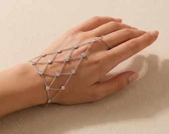CZ Hand Chain Bracelet Silver, Multi Strand Slave Bracelet Ring, Crystal Bezel Hand Jewelry, Bridal Hand Chain, Body Jewelry Women