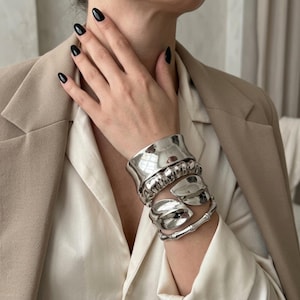 Wide Cuff Bracelet Silver Set, Chunky Statement Stack, Sculptural Bold Bangles, Modern Jewelry Gift